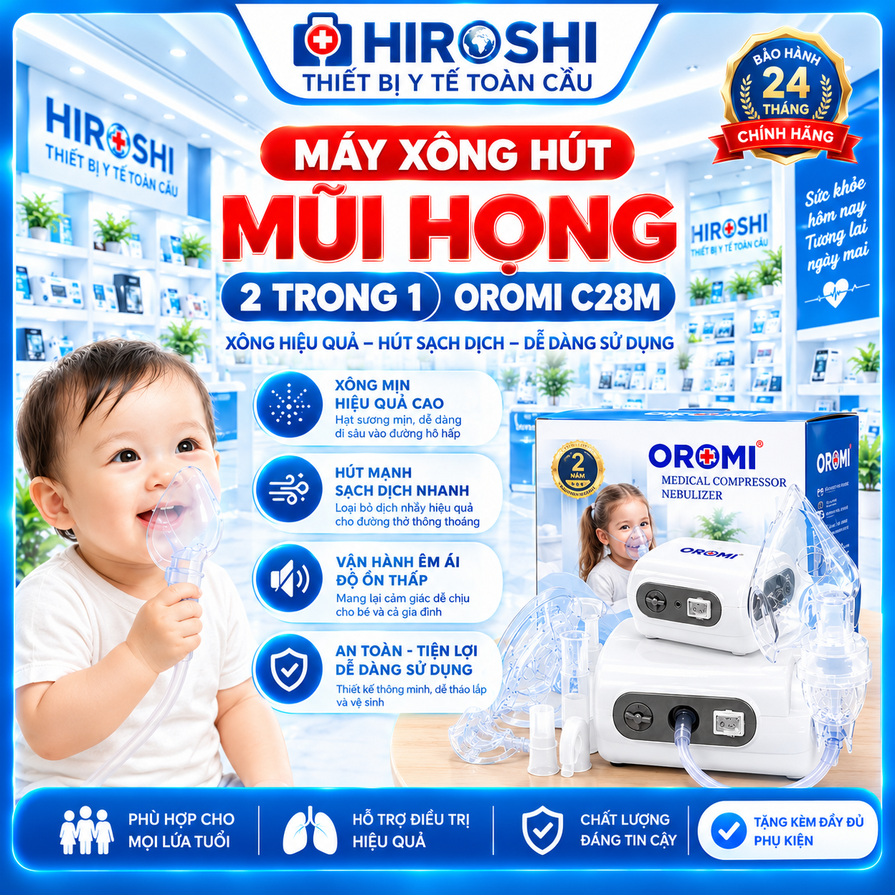 C28M (AXD-313) - Máy Xông Khí Dung Và Hút Mũi - Dòng CHUYÊN XÔNG Tích Hợp Hút 2 Trong 1