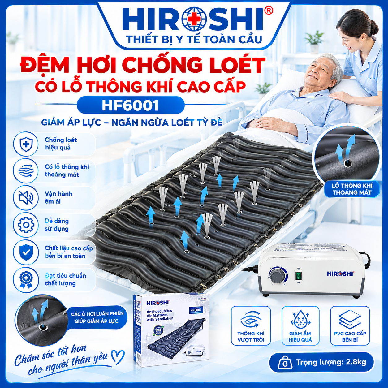 Đệm Hơi Chống Loét Có Lỗ Thông Khí Cao Cấp HF6001